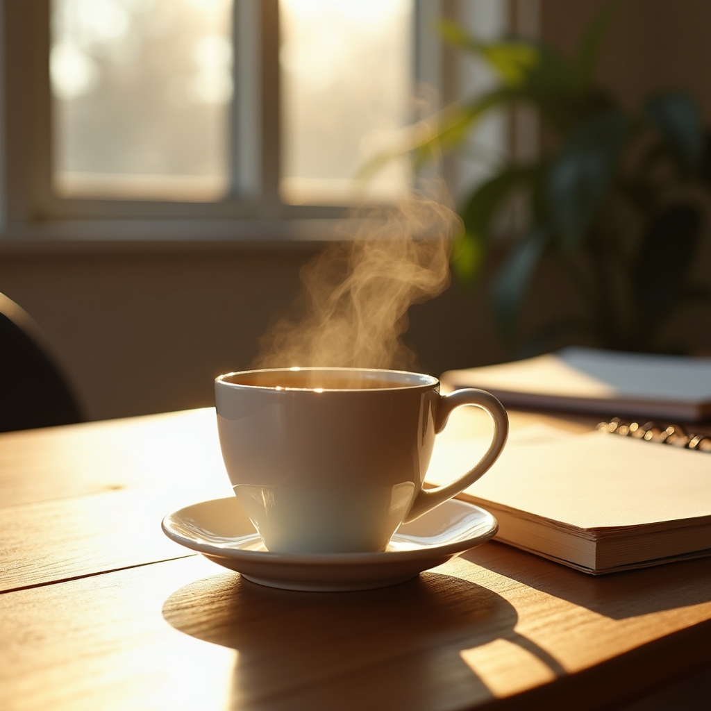 Cup of coffee on a desk in late afternoon light