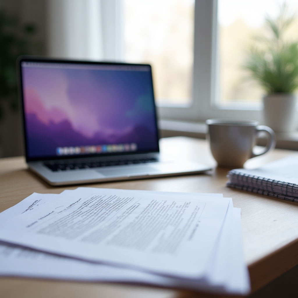 Workspace with a laptop, printed research notes, and a cup of tea used for curriculum review
