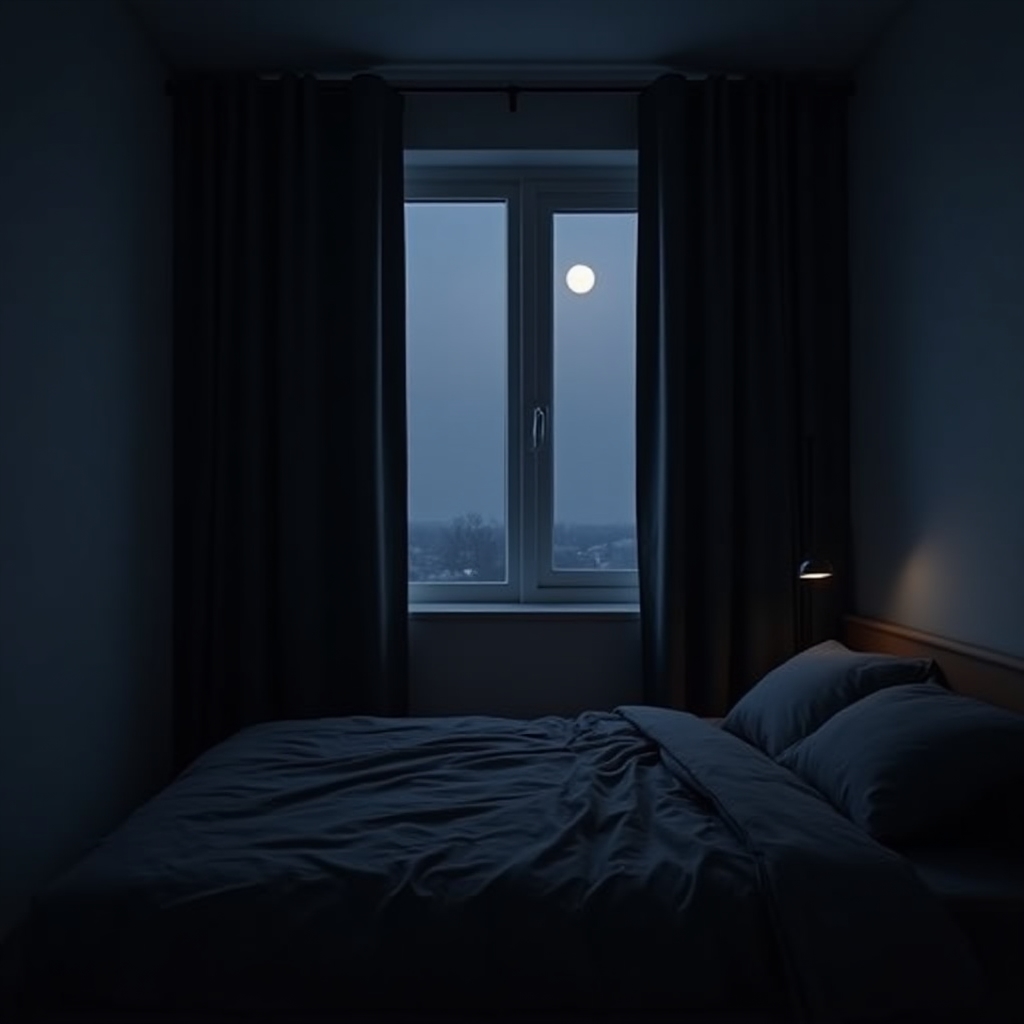 Dark, cool bedroom with blackout curtains and minimal furniture
