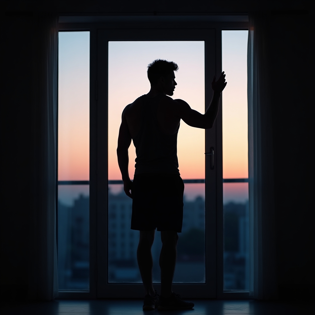 Silhouette of an athlete resting against a window at dusk, illustrating the connection between training and sleep