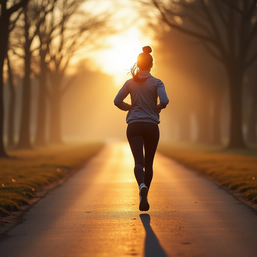 Person running outdoors in early morning light in a park