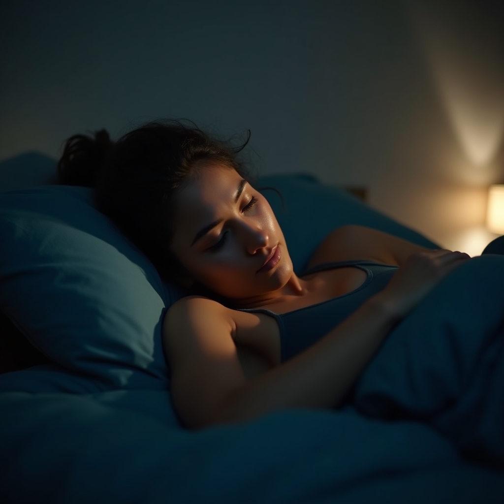 Close view of a person in deep sleep with soft ambient lighting, representing slow-wave sleep and muscle recovery