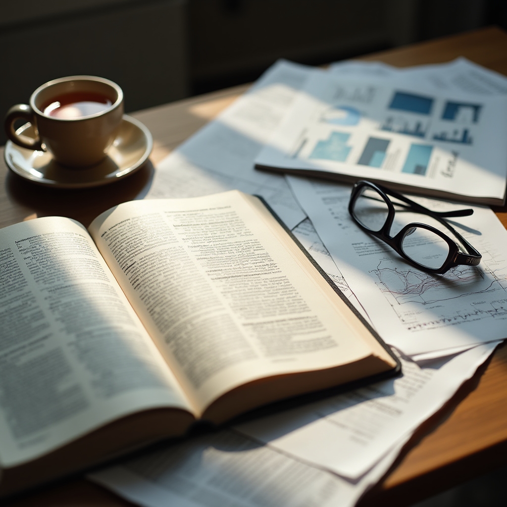 Desk with open research journals and notes on sleep science