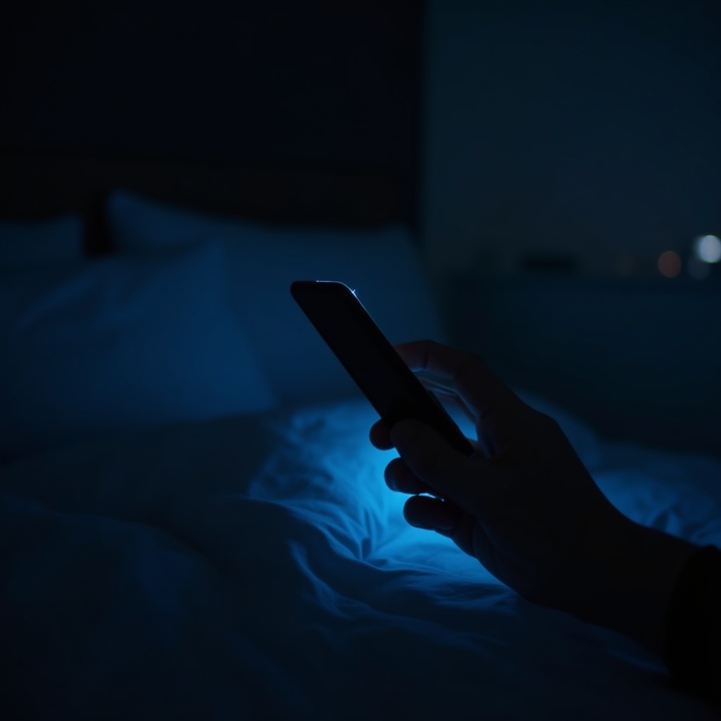 Phone screen glowing in a dark bedroom late at night